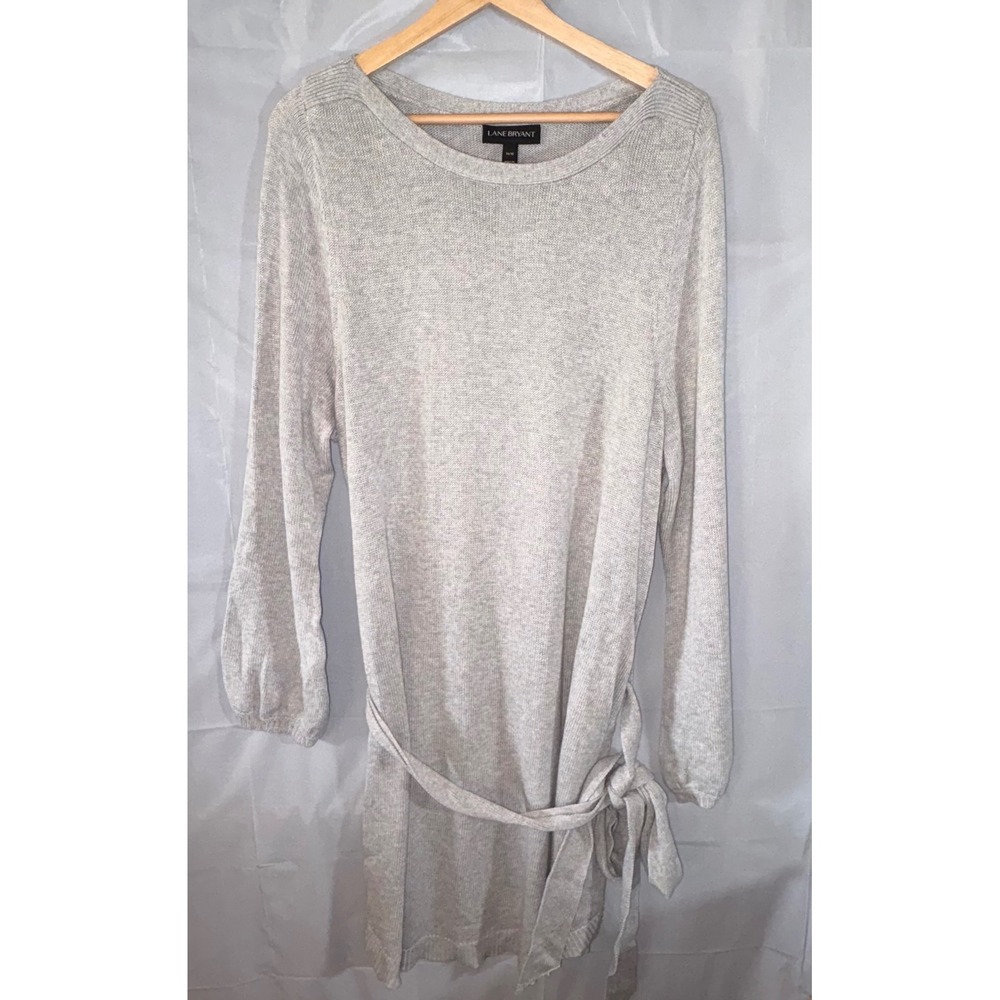 Lane Bryant Women Gray Knit Tie Waist Sweater Dress 14/16 Cozy Fall Cotton NWT
